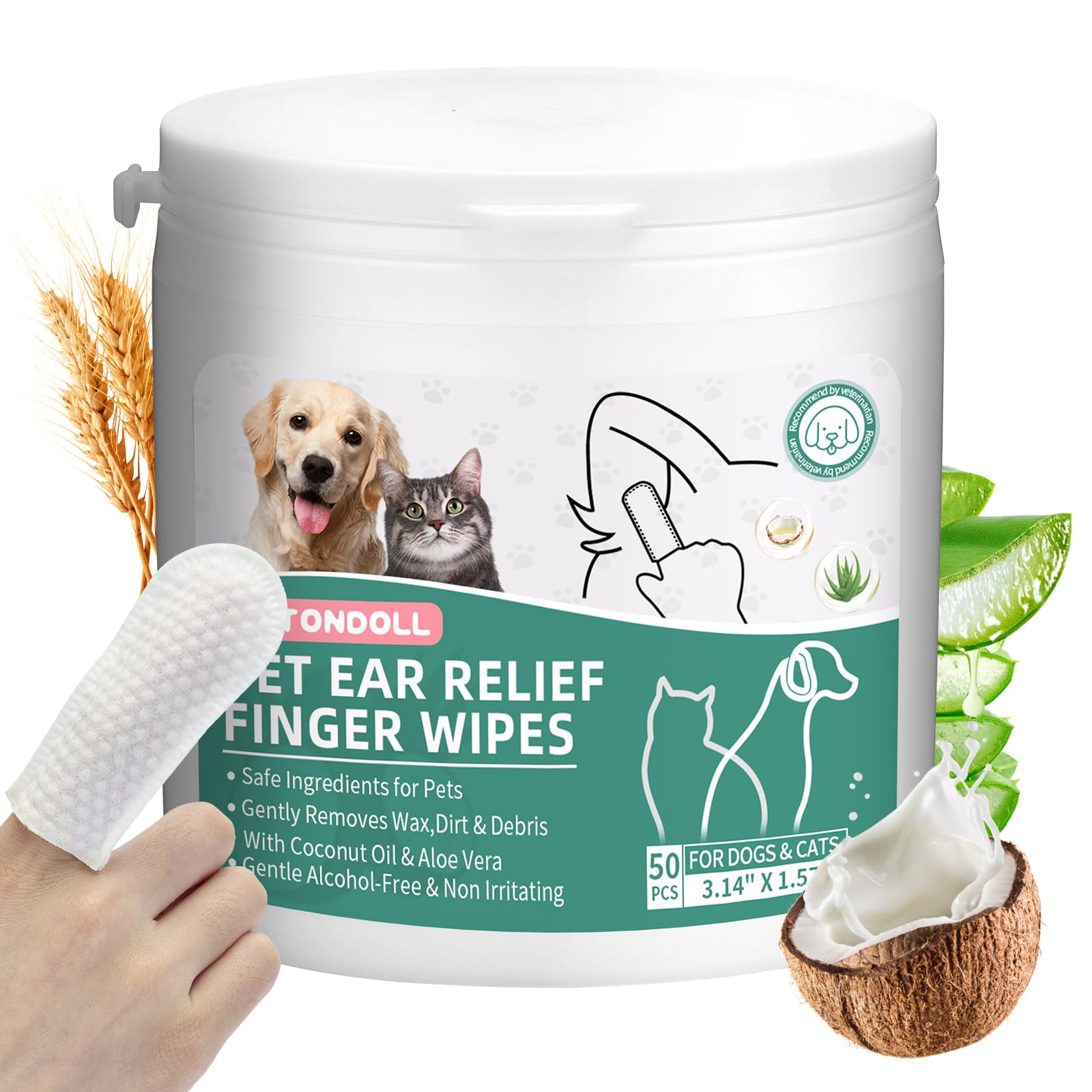 ANTONDOLL Dog Ear Cleaner Finger Wipes - Grooming Kit Care for Dogs and Cats Regular Soothing Odor Control Reduce Dirt Wax Build Up Pet Supplies Easy to Use Fresh Coconut Scent 100 Pcs