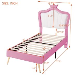 Crown Headboard Twin Size Princess Bed for Girls,Upholstered Twin Bed Frame with LED Lights for Kids,Twin Bed for Girls,Adjusted Headboard(Twin,Pink)