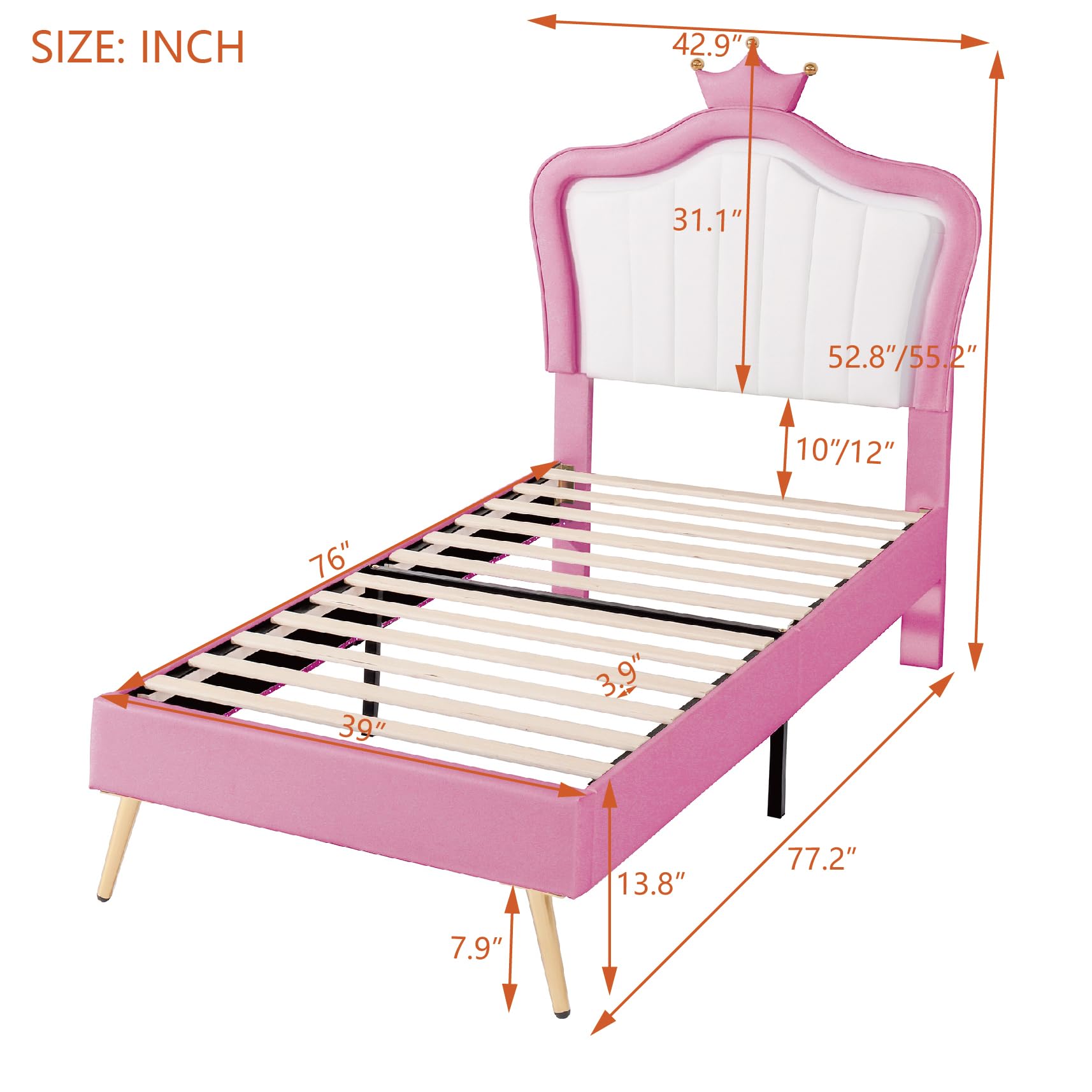 Crown Headboard Twin Size Princess Bed for Girls,Upholstered Twin Bed Frame with LED Lights for Kids,Twin Bed for Girls,Adjusted Headboard(Twin,Pink)