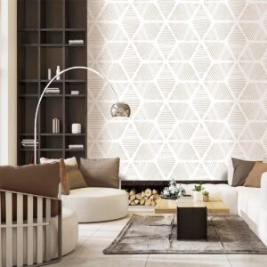 Nukofal Modern Peel and Stick Wallpaper Geometric Beige and White Wallpaper 15.7''x118.1'' Stripe Contact Paper Self Adhesive Removable Wallpaper for Bedroom Bathroom Drawer Cabinets Decor Vinyl