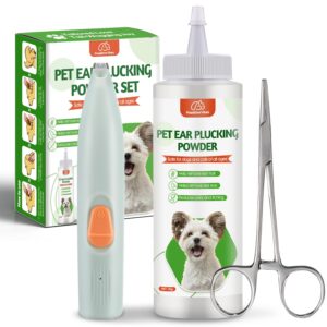 dog ear cleaner set, dog ear powder for hair removal 30g , 5.5 inch hemostat and dog clippers for grooming, dog ear infection treatment ，removing earwax and odour，relief of itching（greener 3pcs)