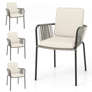 dwvo patio chairs outdoor dining sets with arms and seat cushions, rope & rattan patio chairs set of 4 perfect for garden porch backyard poolside balcony, grey