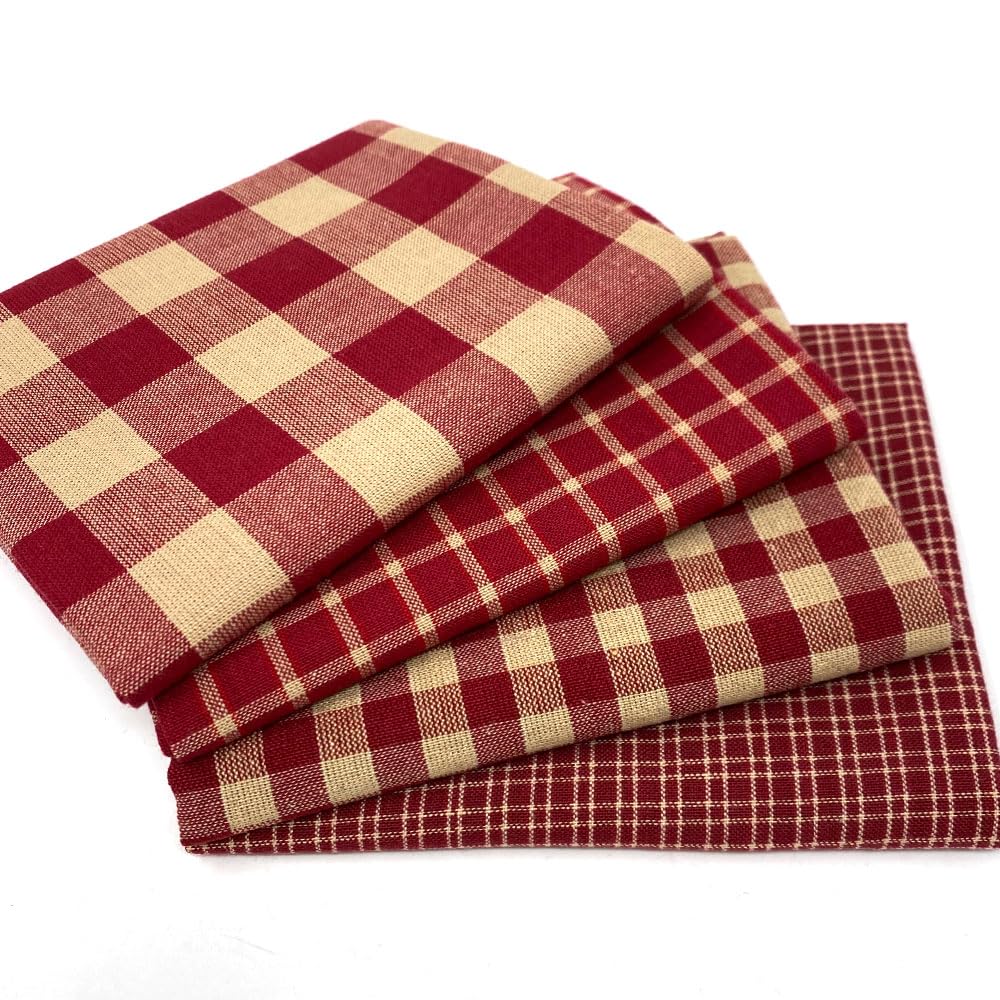 Set of 4 Fat Quarters, Primitive Red Assorted Plaid Gingham Homespun Cotton Fabric Bundle by JCS