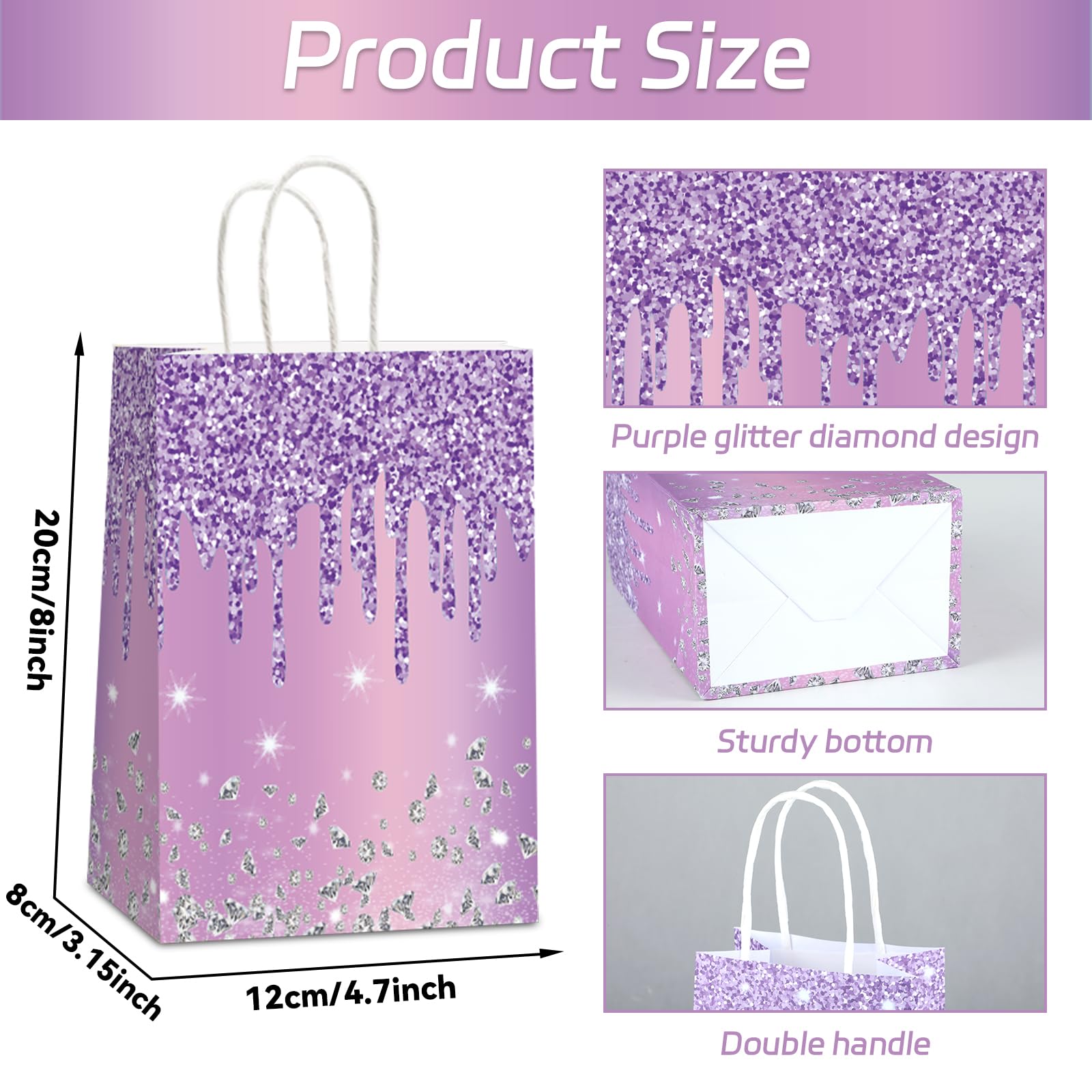 12Pcs Purple and Silver Gift Bags Glitter Diamond Goodie Bag Happy Birthday Treat Bag Glitter Purple Candy Bags Supplies for Wedding Bridal Baby Shower Holiday Party Favors Decorations 4.7*3.15*8inch