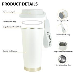 Icesip 18 oz Travel Coffee Mug Tumbler, Stainless Steel Vacuum Thermal Thermos to GO Leakproof, Double Walled Iced Travel Coffee Mug with Strap for Car Travel School Office Gift, White