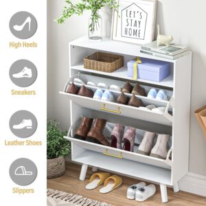 SINROM Shoe Cabinet for Entryway, Slim Shoe Storage Cabinet with 2 Flip Drawers, Freestanding Shoe Organizer with Open Shelf for Hallway, White