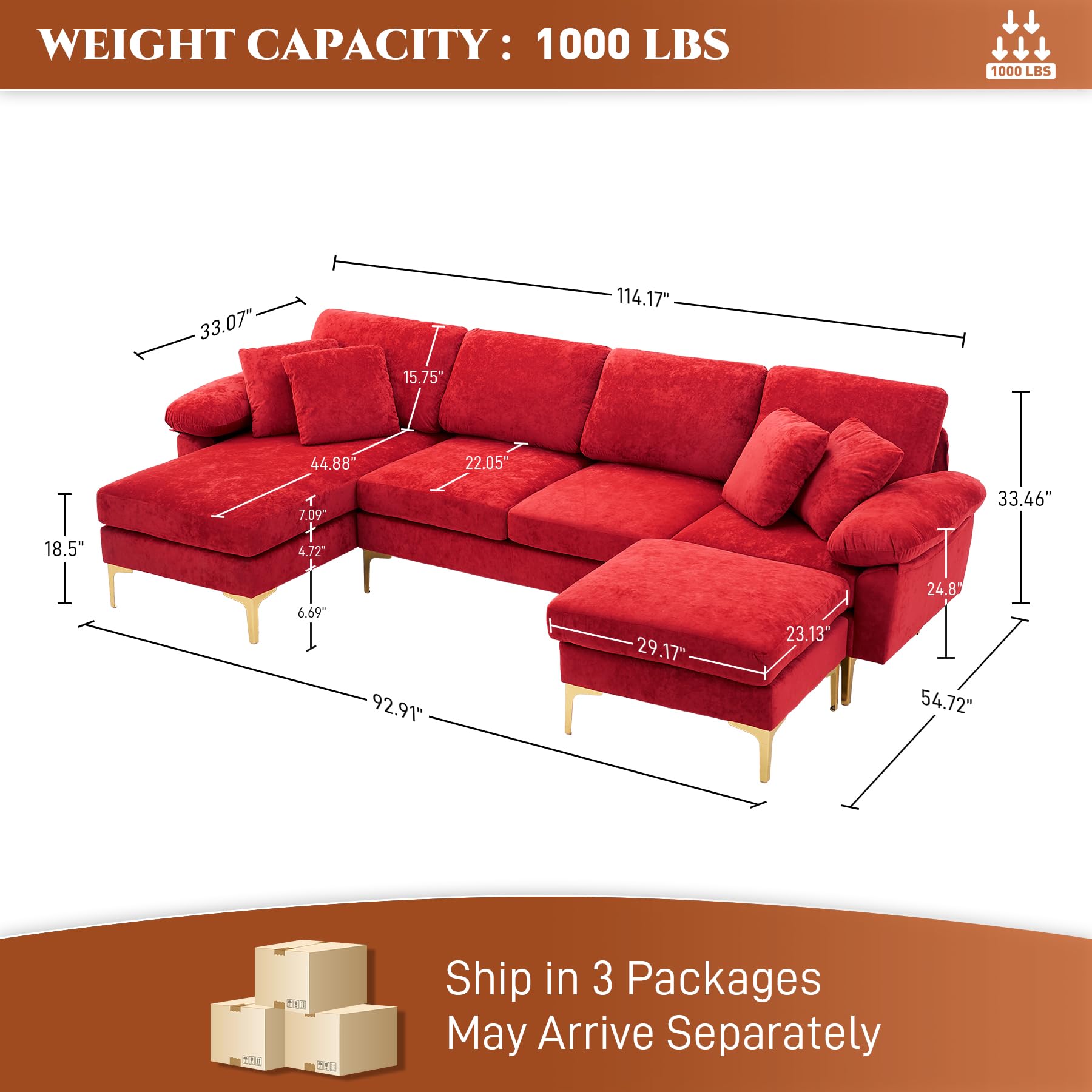 OUYESSIR U-Shaped Sectional Sofa Couch, 4 Seat Sofa Set for Living Room, Convertible L-Shaped Velvet Couch Set with Chaise Lounge, Ottoman and Pillows,114 inches (Red)