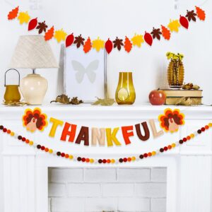 jarthenaamcs 3pcs fall thanksgiving felt garland thankful turkey maple leaf hanging garland colorful pom ball banner for autumn home wall fireplace decor