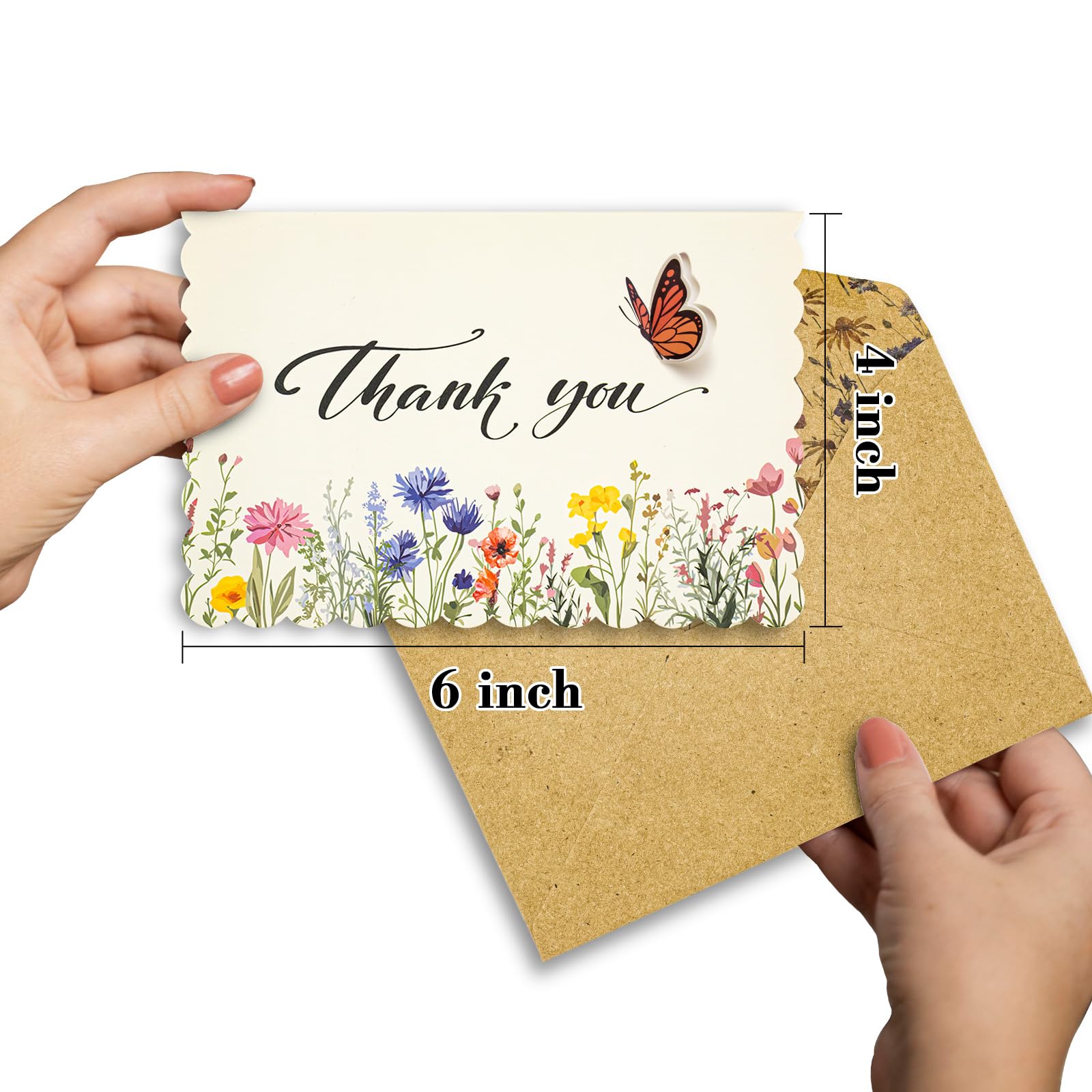 AZAZA Floral Thank You Cards with Envelopes 24 PK, Wedding Thank You Cards Unique Floral Design, 4x6 Wildflower Thank You Notes for Baby Shower, Bridal Shower, Sympathy (White Butterfly)