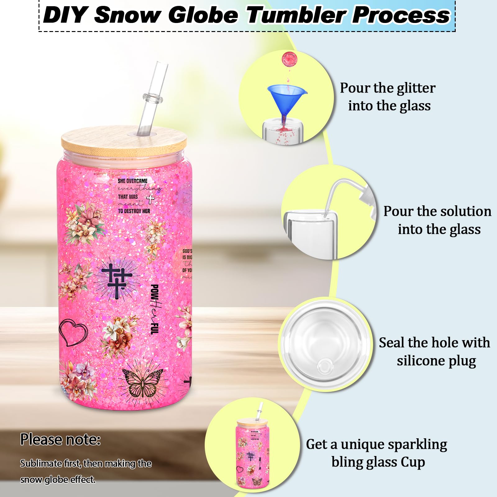 Micellwuu 8 Pack 16 Oz Sublimation Snow Globe Tumbler, Snow Globe Cups with Pre Drilled Hole, Double Wall Beer Can Glass Mason Jar Mug with Bamboo Lids and Straws for Snow Globe DIY