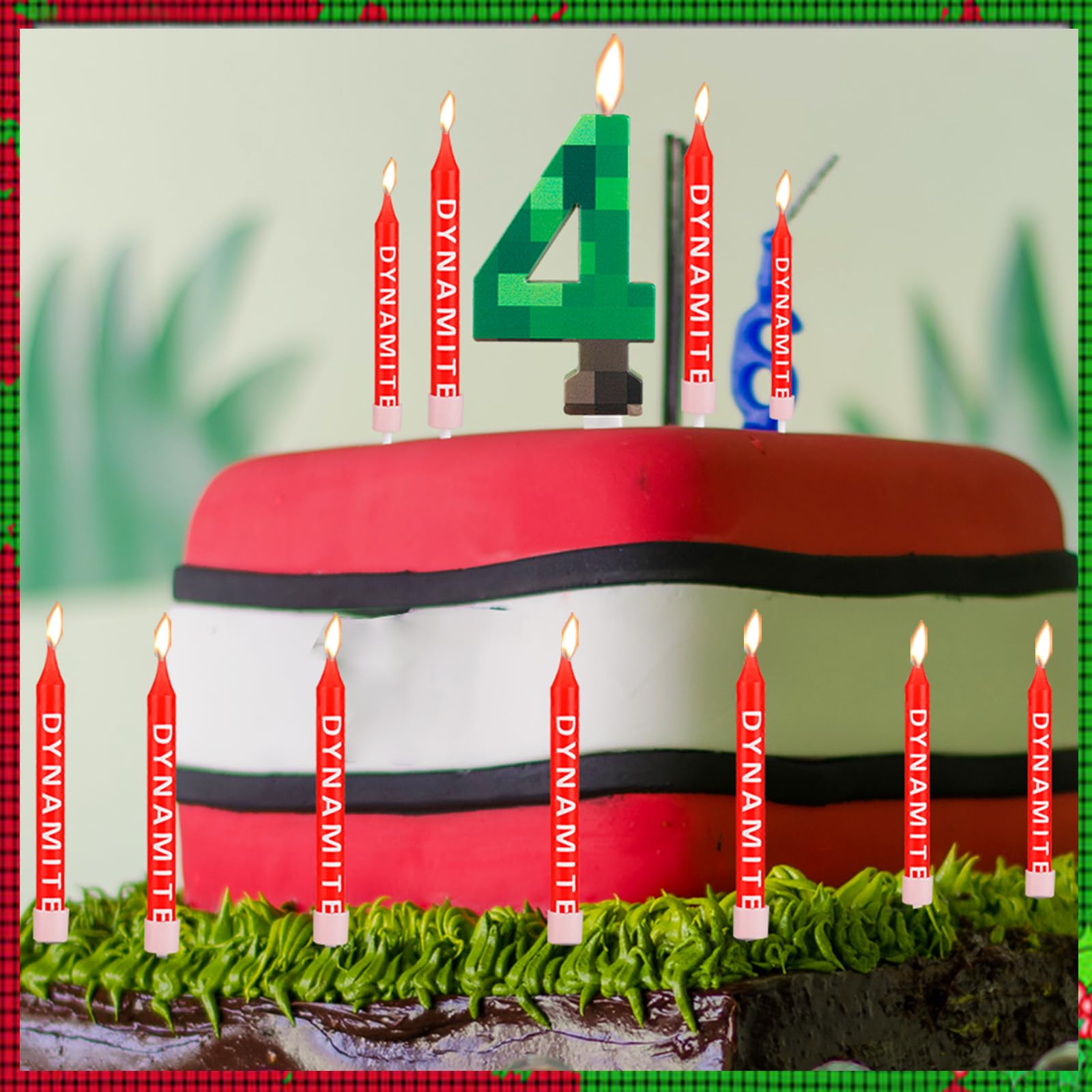 FUNCANDLE TNT Themed Birthday Candle Set,Dynamite 7 Candle with 12 Pieces Long Thin Candles,Happy 7th Birthday Candles,Dynamite Green Pixel Cake Candles for Boys Birthday Decoration Party Supplies