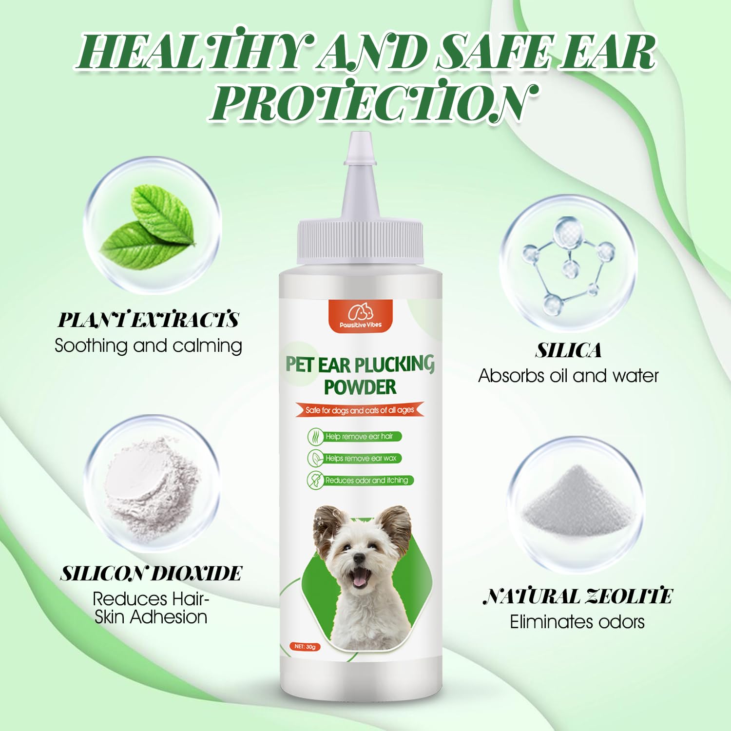 Dog Ear Cleaner Set, Dog Ear Powder for Hair Removal 30g , 5.5 Inch Hemostat and Dog Clippers for Grooming, Dog Ear Infection Treatment ，Removing Earwax and Odour，Relief of Itching（greener 3pcs)