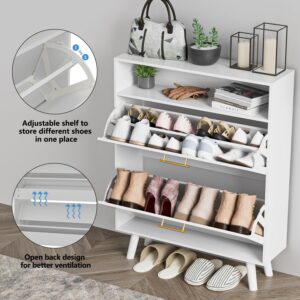 SINROM Shoe Cabinet for Entryway, Slim Shoe Storage Cabinet with 2 Flip Drawers, Freestanding Shoe Organizer with Open Shelf for Hallway, White