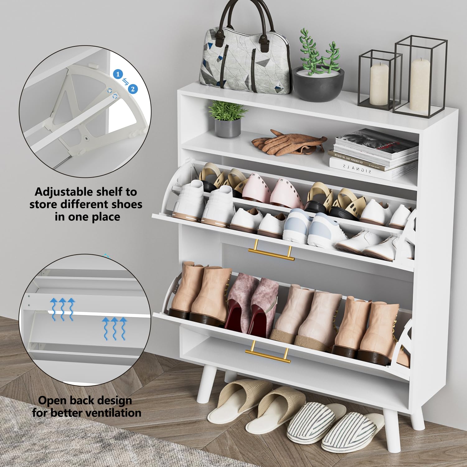 SINROM Shoe Cabinet for Entryway, Slim Shoe Storage Cabinet with 2 Flip Drawers, Freestanding Shoe Organizer with Open Shelf for Hallway, White