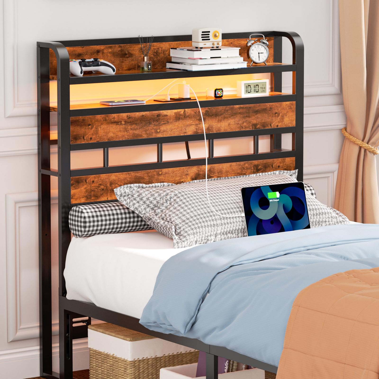 Furnulem Twin Size Headboard Only 2 Outlets 2 USB Ports Bed Headboards with Charging Station 2 Tier Storage Headboard Shelf for Dorm Bedroom Sturdy Adjustable RGB Light Headboards Rustic Brown