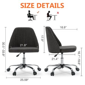 Joyfinity Armless Home Office Chair Cute Desk Chair, Modern Adjustable Swivel Padded Fabric Vanity Task Computer Chair for Small Spaces Home Office Desk Chairs with Wheels, Dark Grey