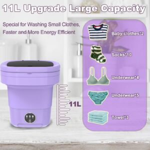 Portable Washing Machine, 11L Large Capacity, Foldable Mini Washing Machine with Spin Dryer, Small Collapsible Laundry Washer for Travel, Apartment, RV, Underwears, Socks, Baby Clothes (Purple)