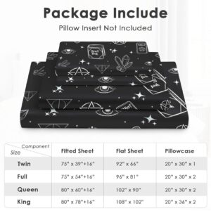 Pinbeam 4 Pcs Fitted Sheet Set Queen Size with 16" Deep Pocket, Witchy Pagan Tarot Bedding Set with Pillowcases for Kids and Adults, Galaxy Dream Witch Flat Bed Sheet Set