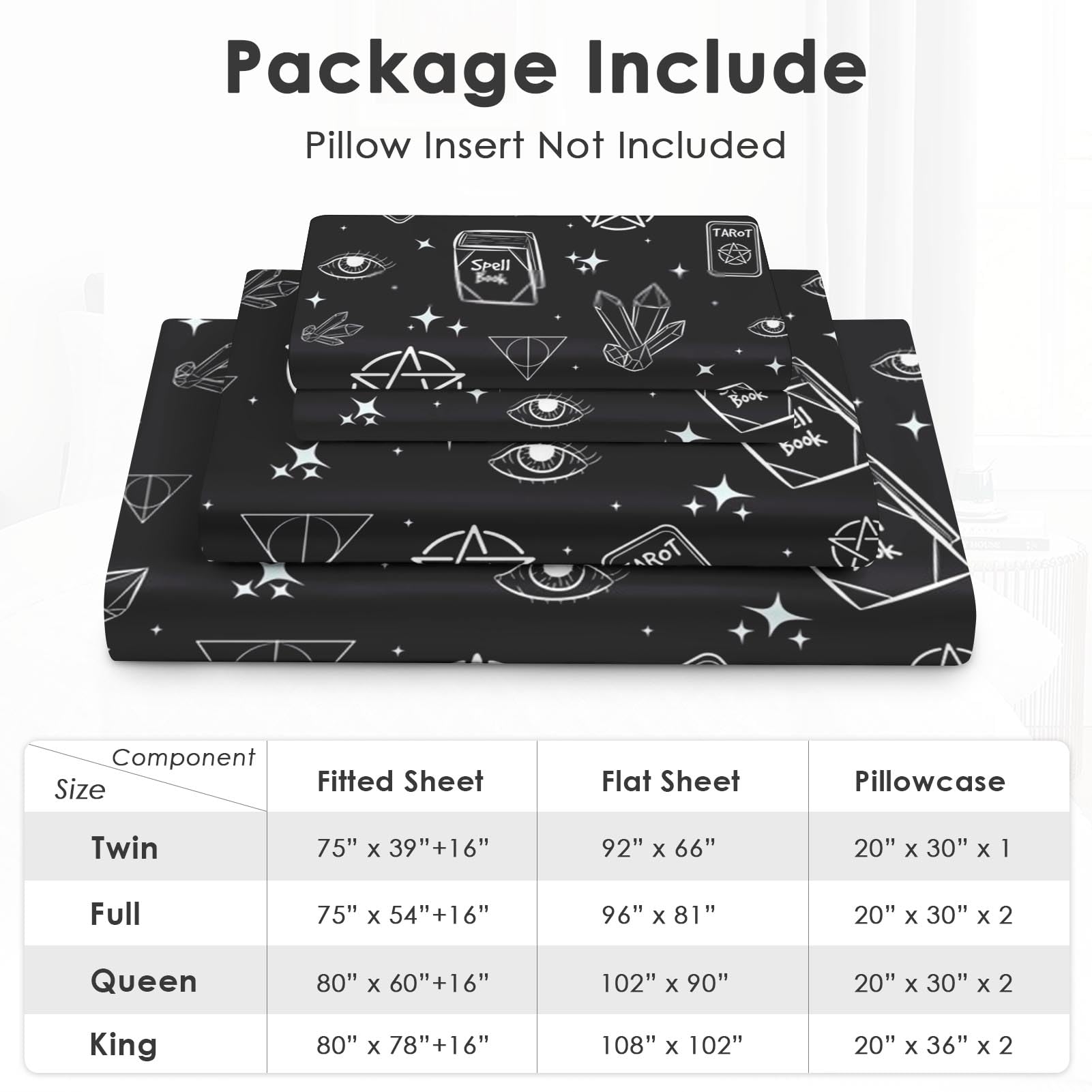 Pinbeam 4 Pcs Fitted Sheet Set Queen Size with 16" Deep Pocket, Witchy Pagan Tarot Bedding Set with Pillowcases for Kids and Adults, Galaxy Dream Witch Flat Bed Sheet Set