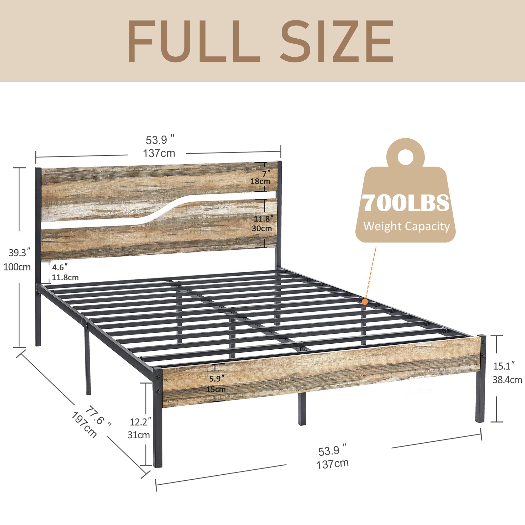 VECELO Platform Bed Frame Full Size with Wood Headboard, Solid and Strong Metal Support, No Box Spring Needed