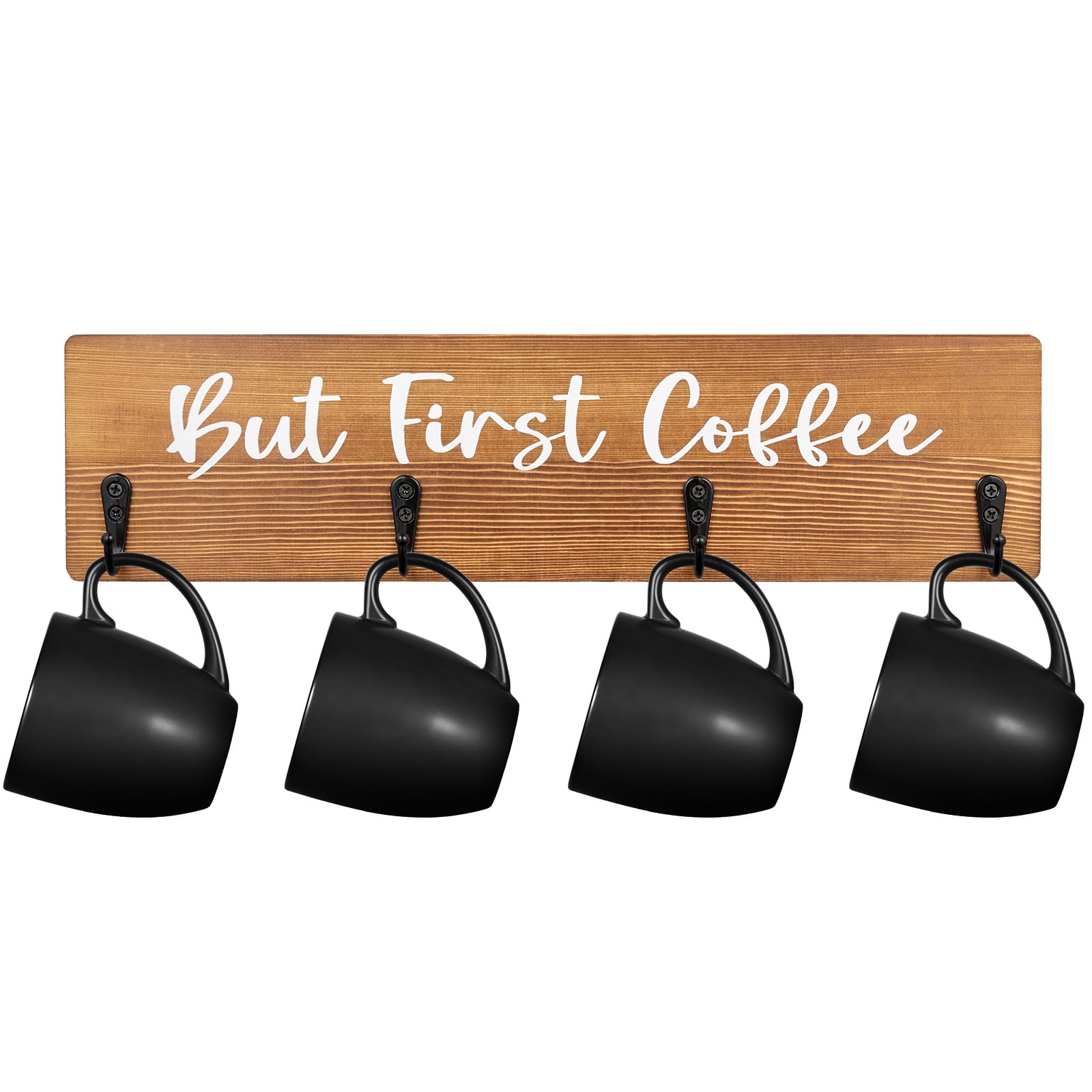 Bivvclaz Coffee Mug Holder Wall Mount, Wooden Coffee Cup Holder, But First Coffee Rustic Wood Wall Sign Decoration, Mug Hanger Organizer Shelf Rack, Farmhouse Kitchen Decor and Coffee Bar Accessories