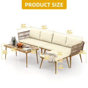 DWVO 4 Pieces Patio Furniture Set, Sectional L-Shaped Sofa for Patio Backyard Poolside Porch, All-Weather Rattan Woven Conversation Set Detachable Lounger with Side Table & Cushions (Beige)