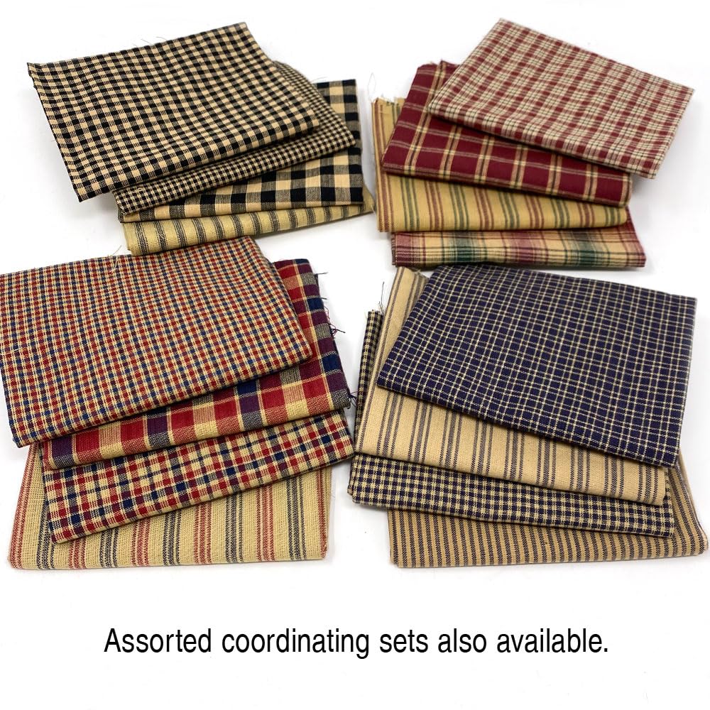 Set of 4 Fat Quarters, Primitive Red Assorted Plaid Gingham Homespun Cotton Fabric Bundle by JCS