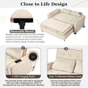 YiMiYom 65.7" Full Size Sleeper Sofa Bed, 3-in-1 Pull Out Sofa Bed Couch, Velvet Loveseat Sofa Sleepers with Extra Thick Cushion, 2 Throw Pillows, 2 USB Port and Adjustable Backrest (Beige)