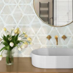 Nukofal Modern Peel and Stick Wallpaper Geometric Beige and White Wallpaper 15.7''x118.1'' Stripe Contact Paper Self Adhesive Removable Wallpaper for Bedroom Bathroom Drawer Cabinets Decor Vinyl