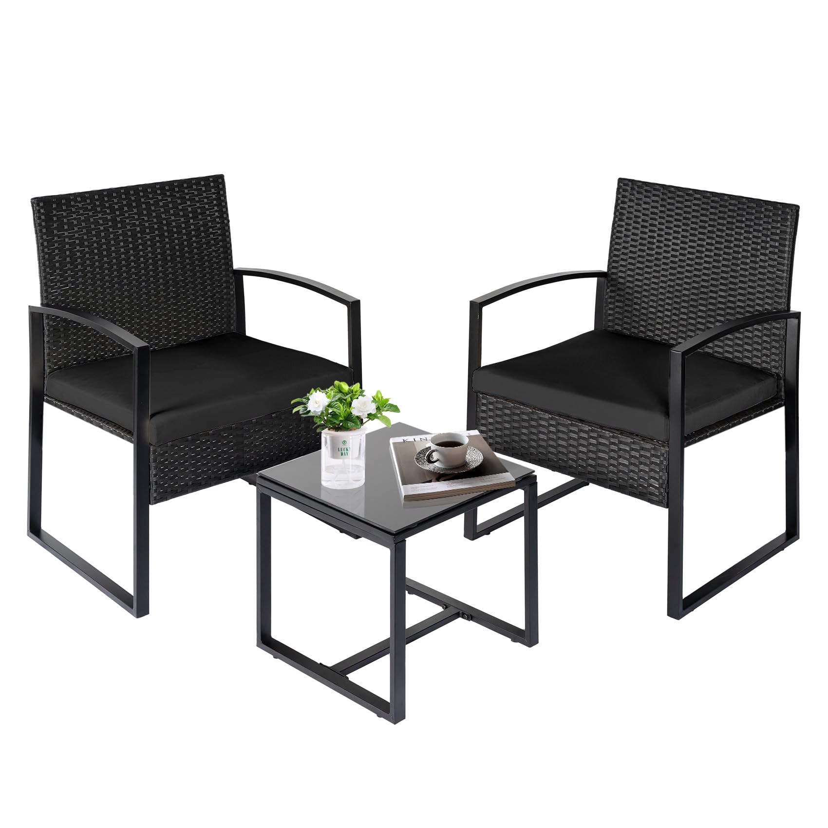 HOMEZILLIONS Outdoor Furniture 3 Piece Patio Set Balcony Furniture, Rattan Wicker Chairs Outdoor Bistro Set with Table and Cushions for Poolside Yard Porch, Black