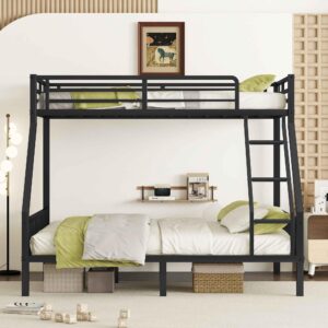 ATY Metal Twin XL Over Queen Bunk Bed with Ladder and Guardrail, Sturdy Bedframe w/Slat Support, for Kids's Bedroom, Dorm, No Spring Need Required, 82.7"x 70"x 65.6" (L x W x H), Black