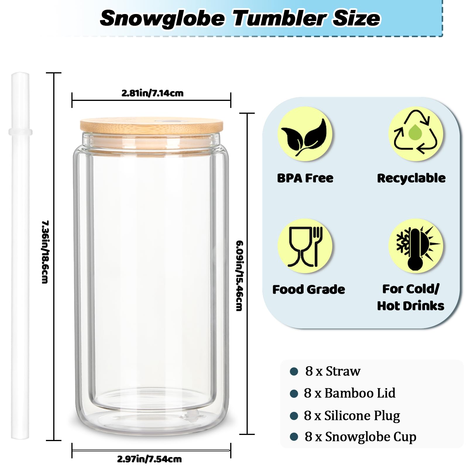 Micellwuu 8 Pack 16 Oz Sublimation Snow Globe Tumbler, Snow Globe Cups with Pre Drilled Hole, Double Wall Beer Can Glass Mason Jar Mug with Bamboo Lids and Straws for Snow Globe DIY