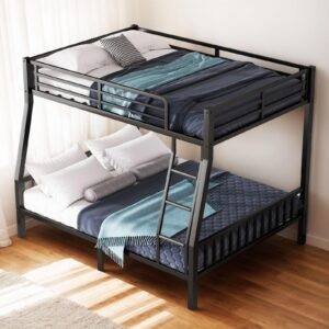 aty metal full xl over queen bunk bed with ladder and guardrail, sturdy bedframe w/slat support, for kids's bedroom, dorm, no spring need required, 82.7"x 70"x 65.6" (l x w x h), black