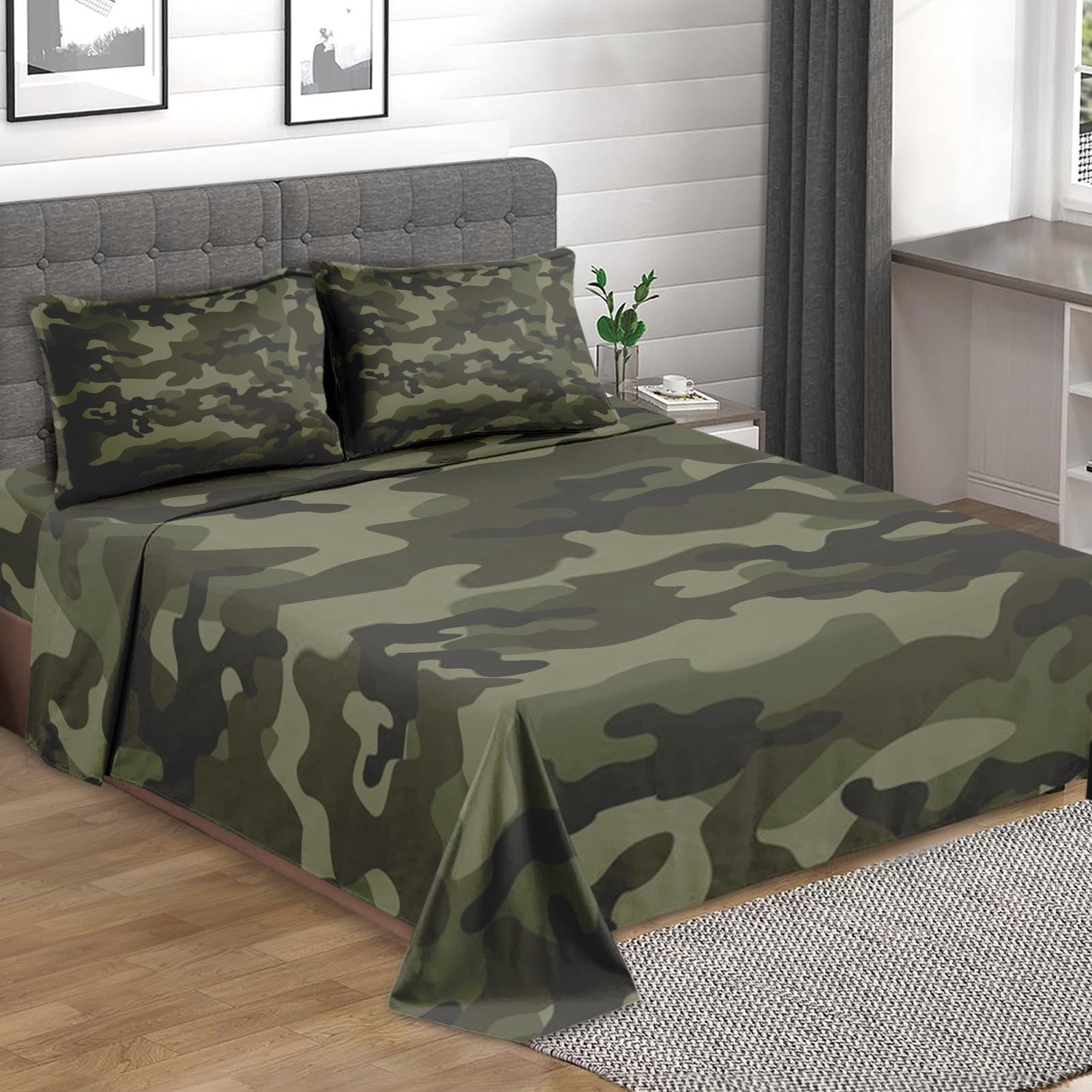 Pinbeam 4 Pcs Fitted Sheet Set Full Size with 16" Deep Pocket, Army Camouflage Camo Bedding Set with Pillowcases for Kids and Adults, Military French Green Flat Bed Sheet Set