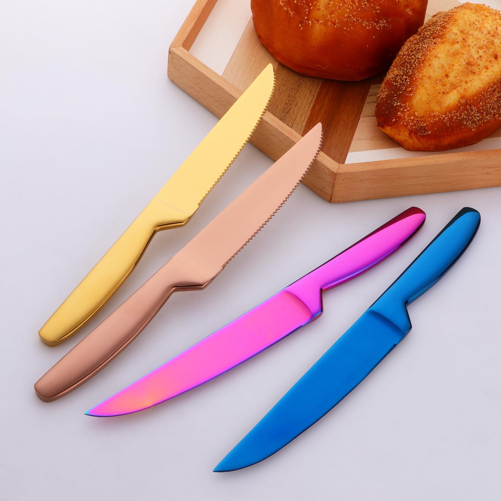 BISDARUN Steak Knife Set, 5 Piece Serrated Heavy Duty Stainless Steel Table Knife, One Piece Handle, Cuts Steak and Chicken, Bread (Rainbow Color)