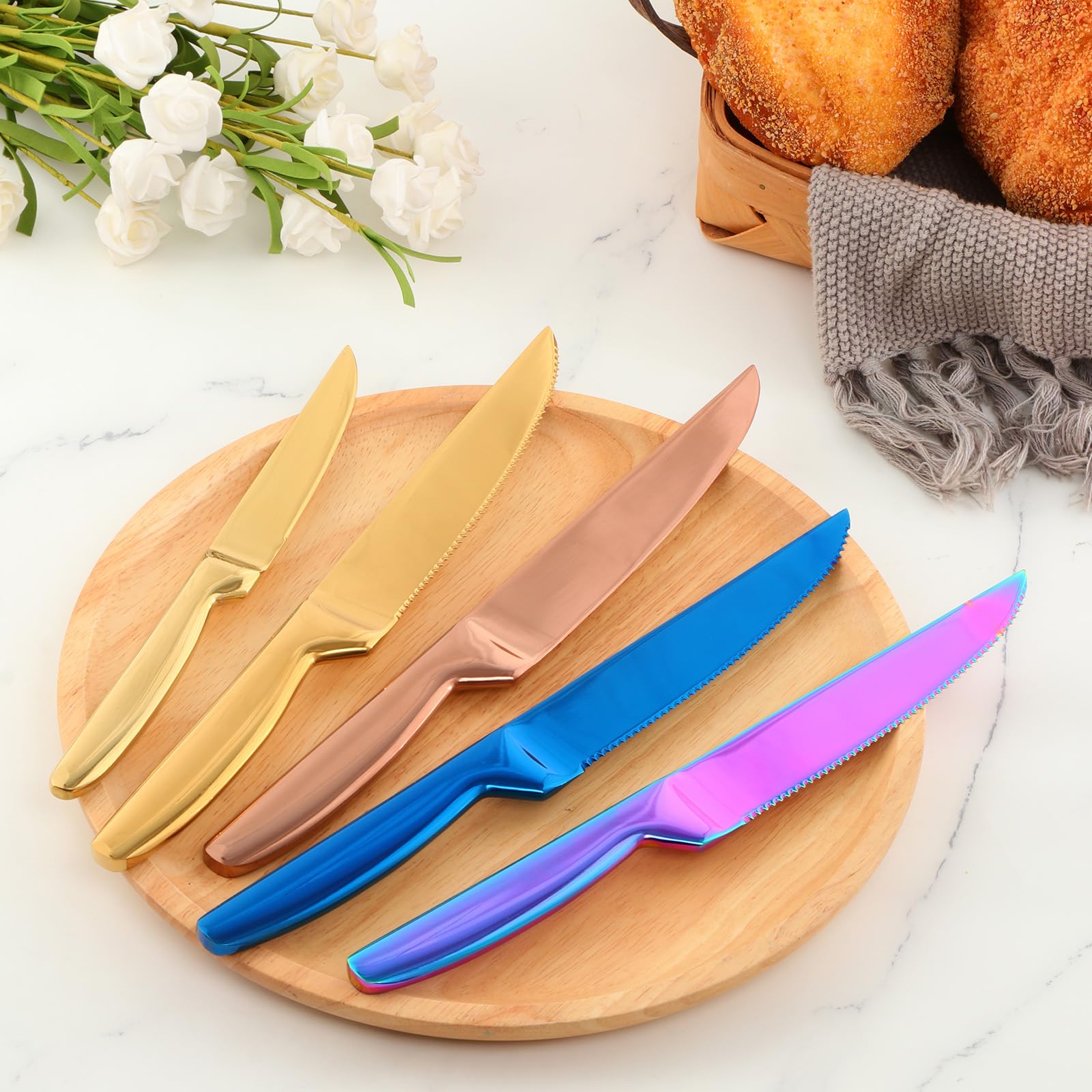 BISDARUN Steak Knife Set, 5 Piece Serrated Heavy Duty Stainless Steel Table Knife, One Piece Handle, Cuts Steak and Chicken, Bread (Rainbow Color)