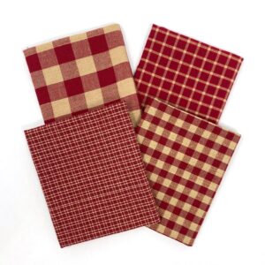 set of 4 fat quarters, primitive red assorted plaid gingham homespun cotton fabric bundle by jcs