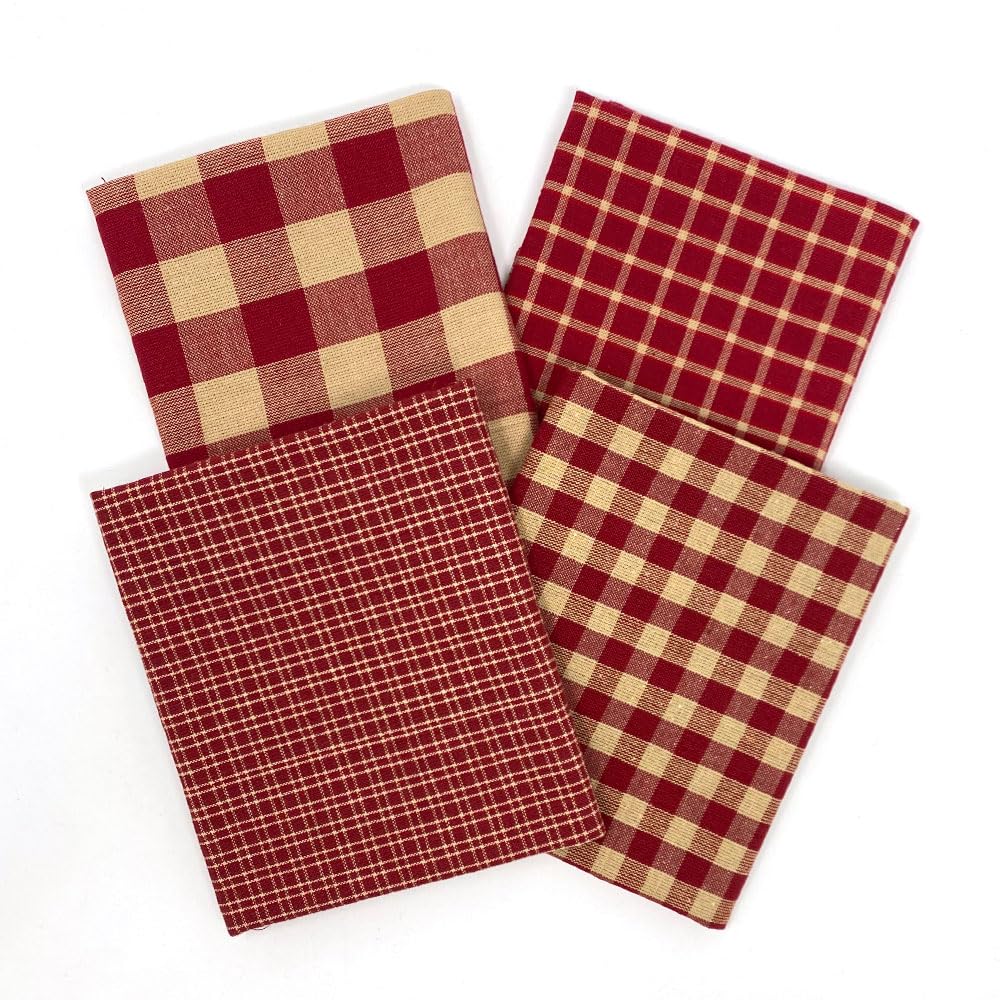 Set of 4 Fat Quarters, Primitive Red Assorted Plaid Gingham Homespun Cotton Fabric Bundle by JCS