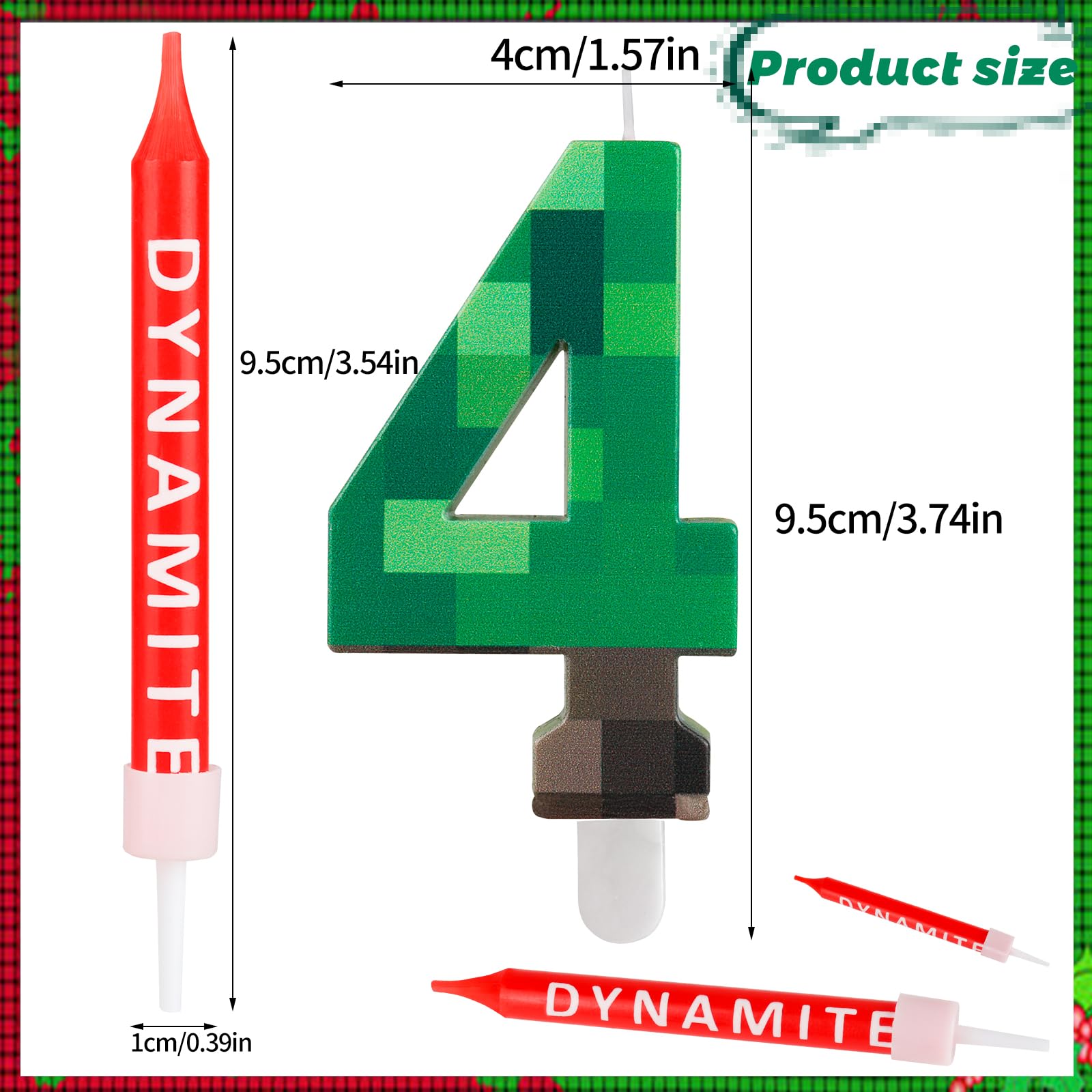 FUNCANDLE TNT Themed Birthday Candle Set,Dynamite 7 Candle with 12 Pieces Long Thin Candles,Happy 7th Birthday Candles,Dynamite Green Pixel Cake Candles for Boys Birthday Decoration Party Supplies