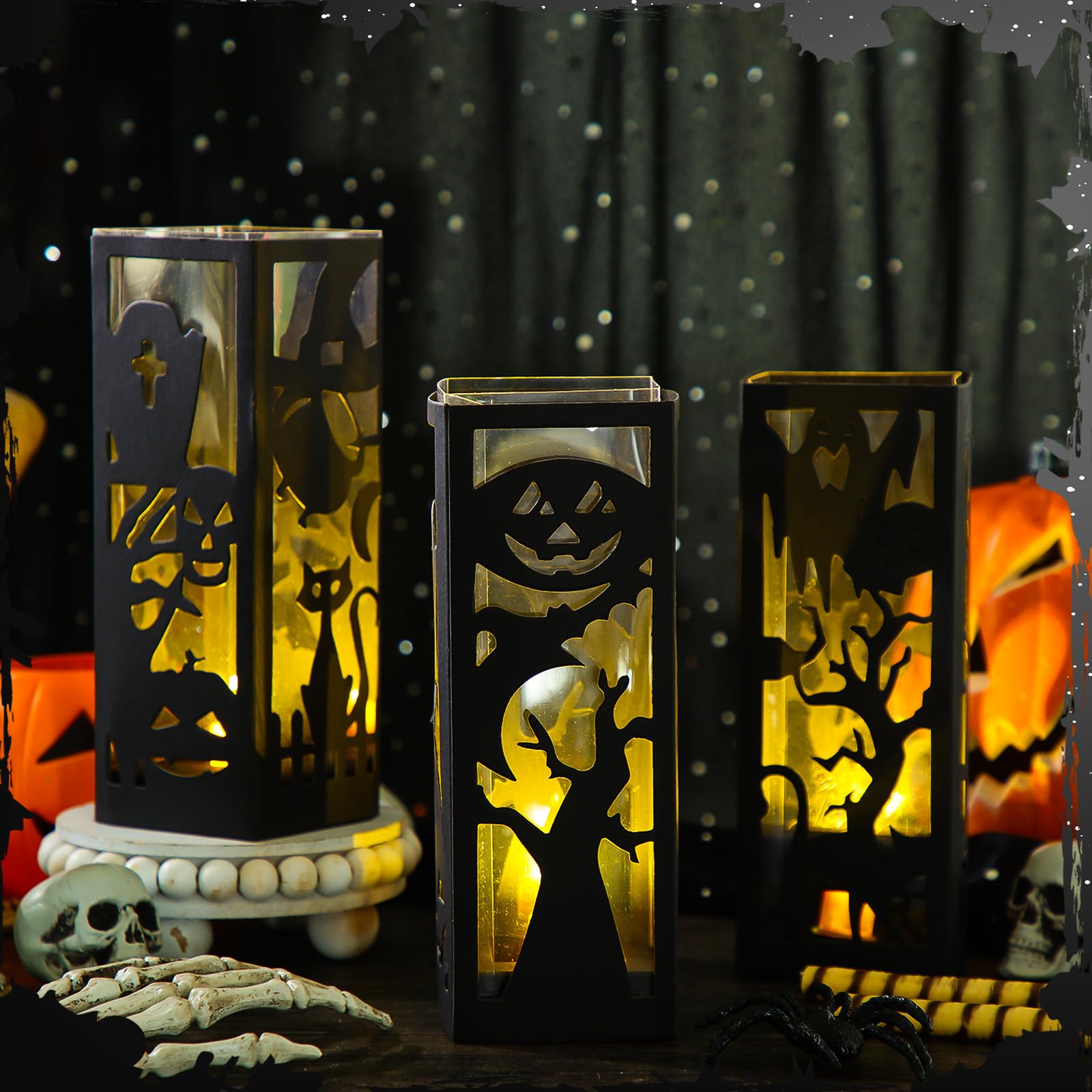 Tellingyou 6 Pcs Halloween Table Centerpieces Lanterns Halloween Paper Lanterns Boxes Flameless Candle Light Handmade DIY Table Centerpieces for Halloween Table Decoration Party Supplies