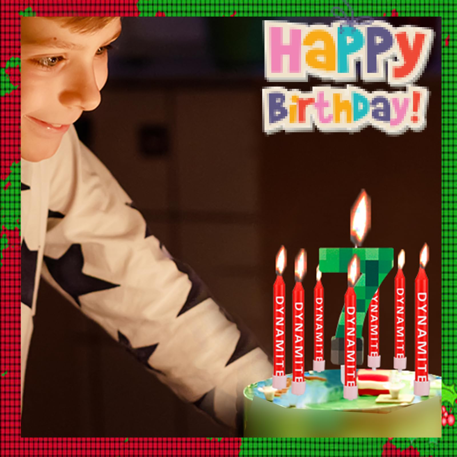 FUNCANDLE TNT Themed Birthday Candle Set,Dynamite 7 Candle with 12 Pieces Long Thin Candles,Happy 7th Birthday Candles,Dynamite Green Pixel Cake Candles for Boys Birthday Decoration Party Supplies