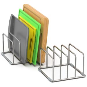 2-pack cutting board organizer, cutting board holder stand, stainless steel cutting board holder, cutting board storage rack with 4 slots for baking sheet and cookie sheet,1.0+1.2 inch width slots