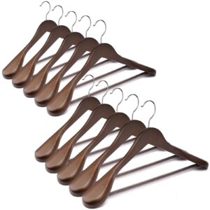 uinicor suit hangers 10 pack wooden coat hangers,wide shoulder hangers with non slip pants holder,heavy duty clothes hangers,suit hangers for men,for women,for suit,coat,jacket,pants (walnut