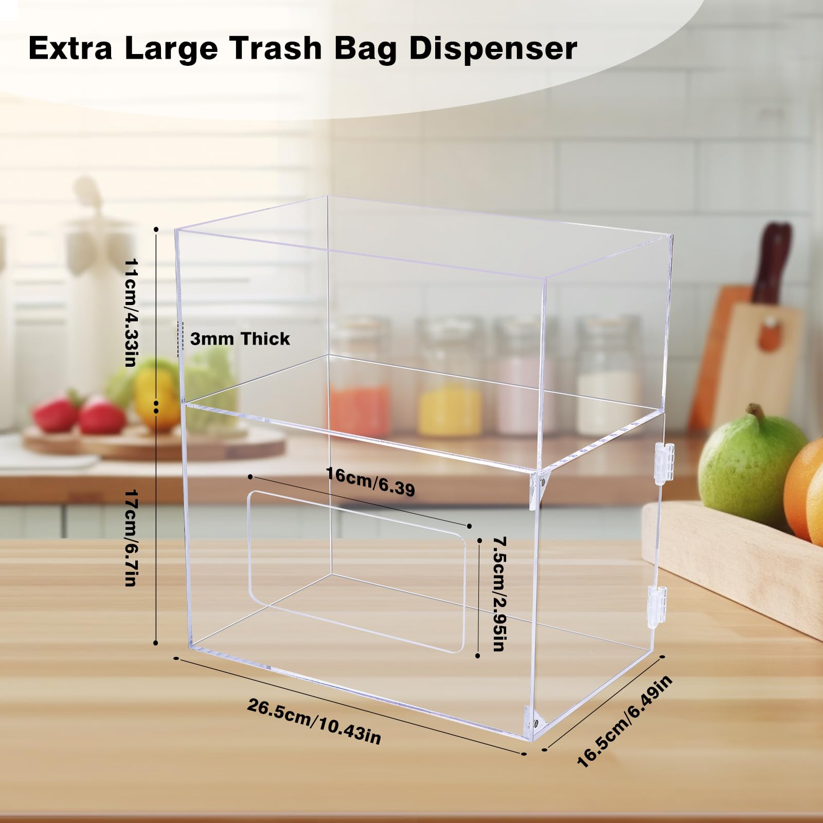 mwellewm Trash Bag Dispenser 2 in 1 Extra Large Acrylic Garbage Bag Roll Holder Under Sink Plastic Bag Storage Box with Lid Kitchen Inside Trash Can Grocery Bag Organizer(10.4 x 6.5 x 11.4 inches)