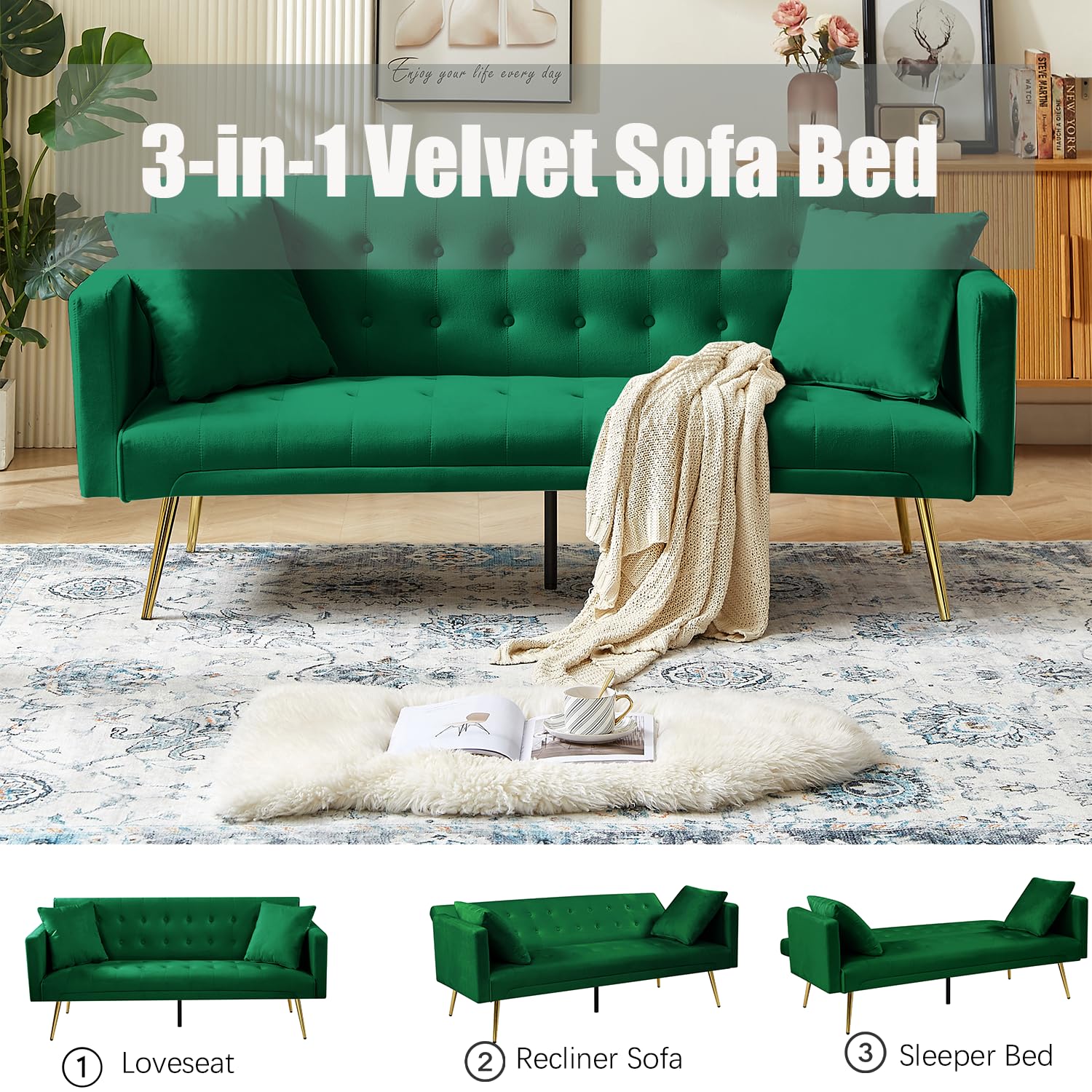 anwickjeff Modern Velvet Futon Sofa Bed, Convertible 3 Adjustable Couch Loveseat with 2 Pillows, Folding Upholstered Sleeper with 5 Metal Leg for Living Room Apartment Office Bedroom (Green)