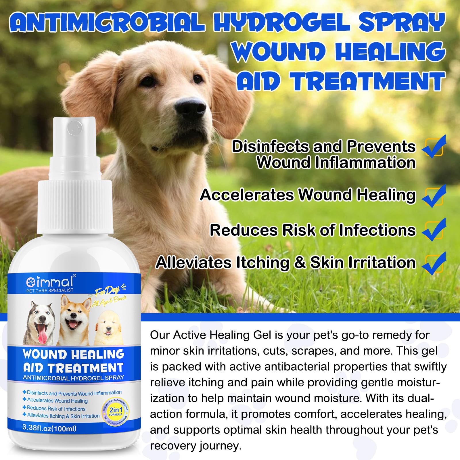 Pet Wound Healing Spray| Dogs, Cats, Horses, Skin Aid Spray for Cats and Dogs | First Aid Spray for Wound Care | Healing on Cuts, Hot Spot, Burns, Skin Irritation, for Relief & Treatment |100m