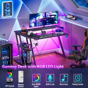 Korfile Reversible Gaming Desk with Power Outlet & LED Lights, Corner Computer Desk with 3 Tiers Storage Shelves, Home Office Desk with Monitor Stand for Small Space, 47 Inch Carbon Fiber Black