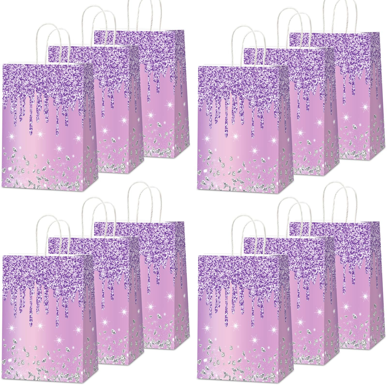 12Pcs Purple and Silver Gift Bags Glitter Diamond Goodie Bag Happy Birthday Treat Bag Glitter Purple Candy Bags Supplies for Wedding Bridal Baby Shower Holiday Party Favors Decorations 4.7*3.15*8inch