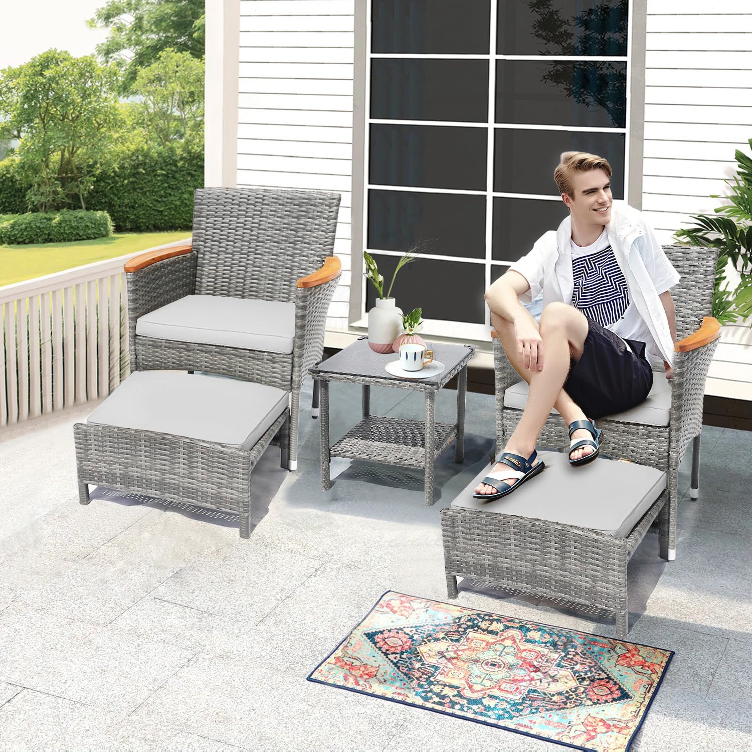 5 Piece Outdoor Patio Furniture Set with Table&Ottoman Outdoor Furniture Patio Set Bistro Wicker Patio Set of 2 Outside Lawn Chairs Conversation Sets for Porch Balcony Deck(Gray Wicker&Gray Cushion)