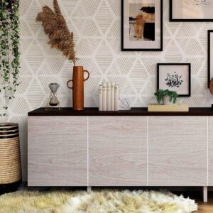 Nukofal Modern Peel and Stick Wallpaper Geometric Beige and White Wallpaper 15.7''x118.1'' Stripe Contact Paper Self Adhesive Removable Wallpaper for Bedroom Bathroom Drawer Cabinets Decor Vinyl